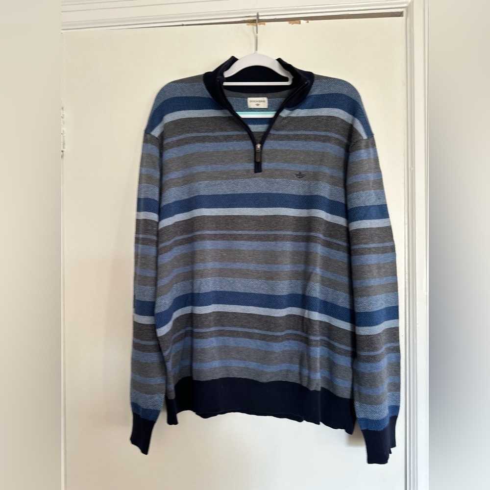EUC Dockers Mens Blue Striped Colorful 1/4 Zip Pullover Cotton Sweater Mock Neck